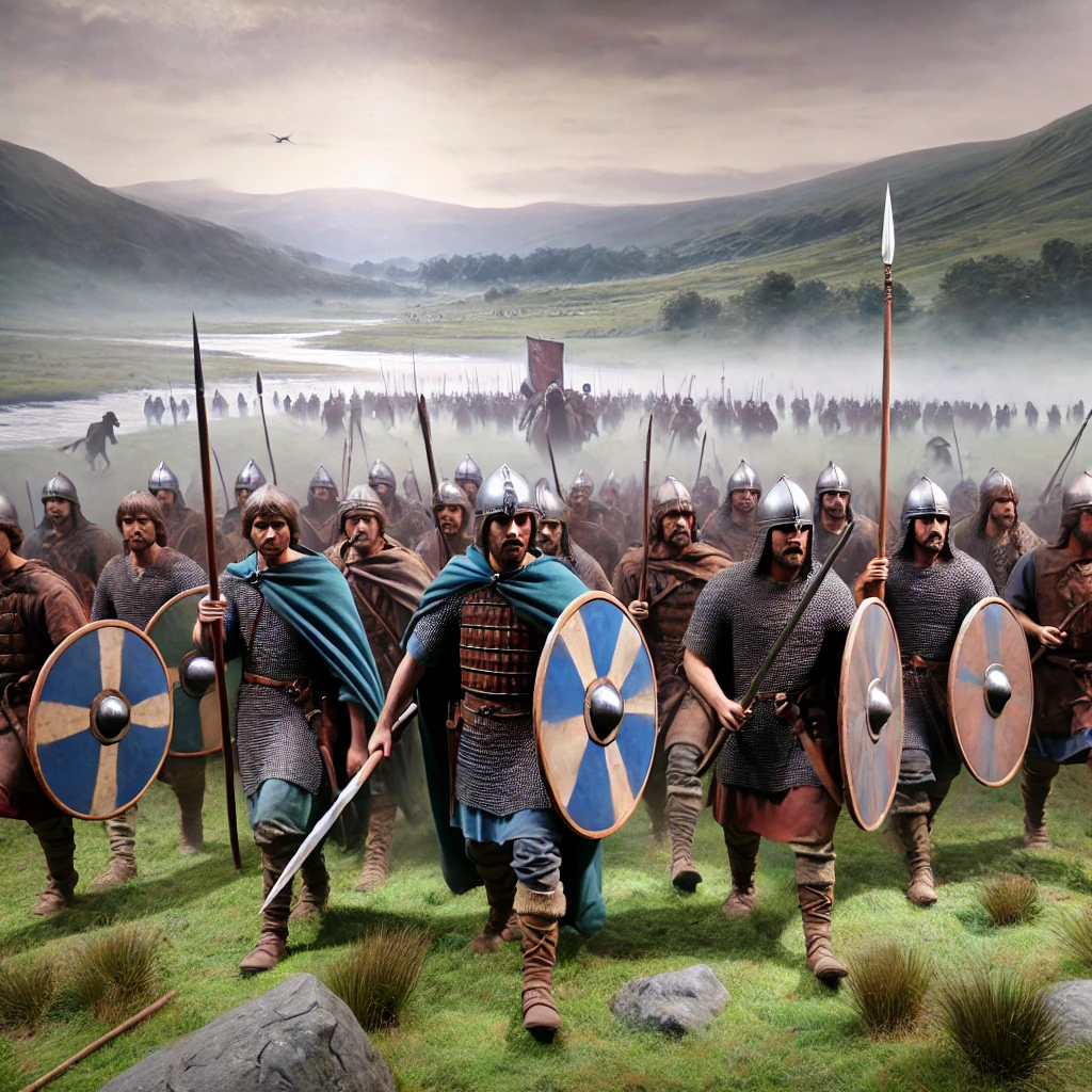 Cunedda Wledig leading his warriors into battle to defend early Gwynedd, with warriors carrying shields and spears, set against a misty Welsh landscape