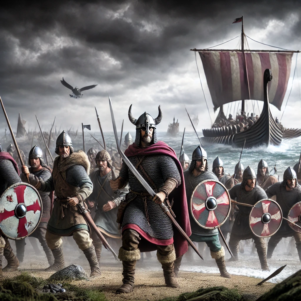 Viking raid repelled by united Welsh and Anglo-Saxon forces, symbolising the Anglo-Saxon Alliance and shared defence against common threats.