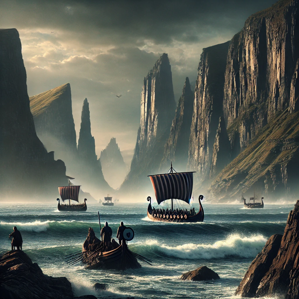 Viking longships nearing the Welsh coastline, symbolising the start of Vikings in Wales