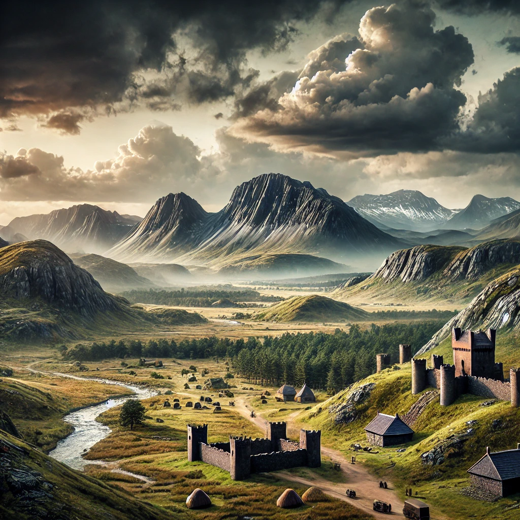 Medieval Welsh landscape with mountainous terrain, fortresses, and fortified villages, representing the setting of the Old Welsh Kingdoms around 800-1066 CE.