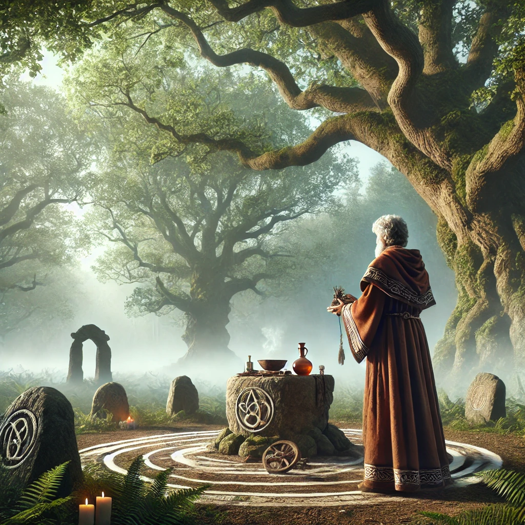 A Druid performing a ritual in Pre-Roman Wales, representing the spiritual practices of the time.”