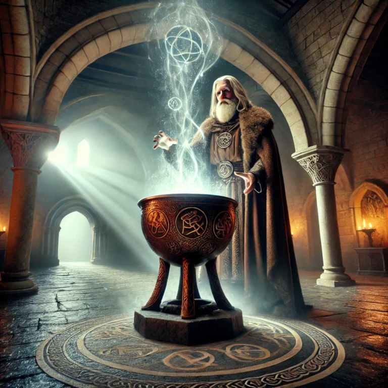 Bran the Blessed holding the mystical Cauldron of Rebirth in an ancient hall, illuminated by its ethereal glow, symbolising Welsh mythology’s strength and wisdom.”