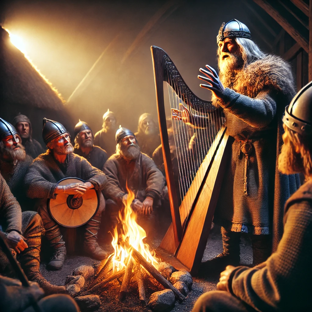 Welsh bard narrating tales of Viking raids and resilience, symbolising Viking influence on Welsh folklore.