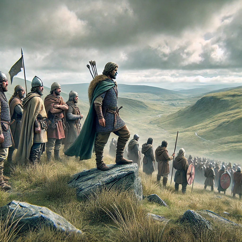 Cunedda Wledig and his followers arriving in pre-Roman Wales, standing on a hillside and overlooking the rugged Welsh landscape, ready to defend their new homeland.