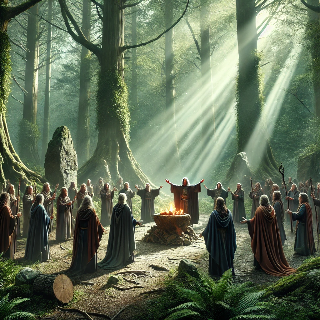 ritual performed by ancient Welsh Druids in a mystical forest.