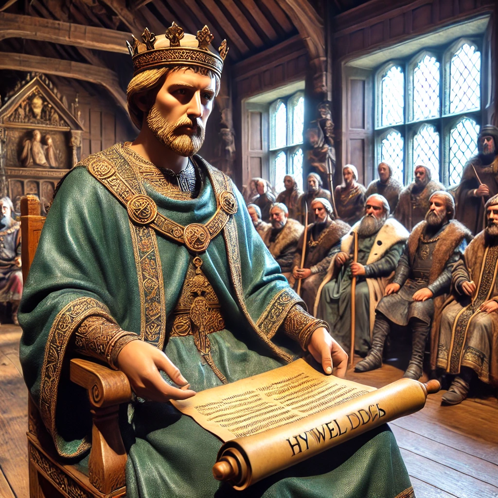 Detailed portrayal of Hywel Dda, the Welsh king, holding a scroll of laws with Welsh nobles, representing his role in establishing the legal code of the Old Welsh Kingdoms