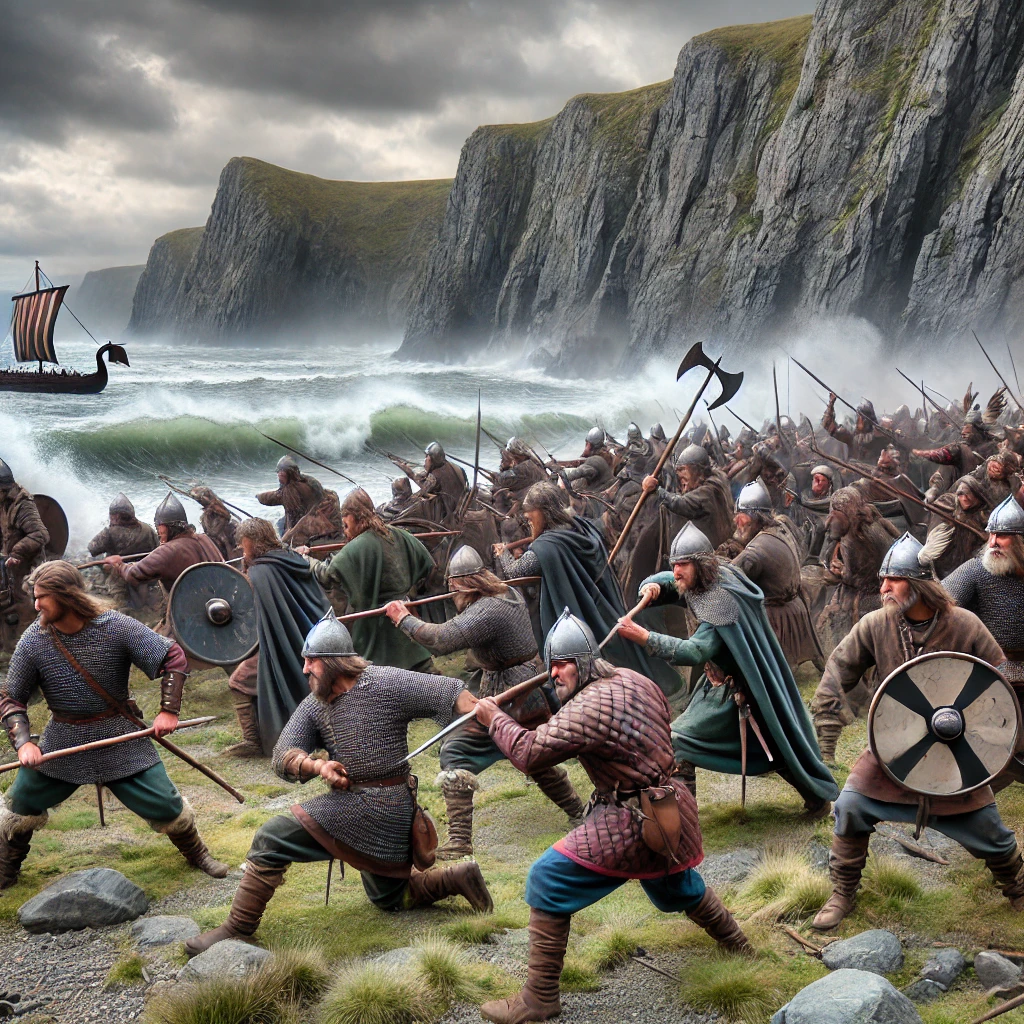 Medieval battle between Welsh defenders and Viking raiders on the coast of Wales, symbolising Welsh resistance in the Viking era