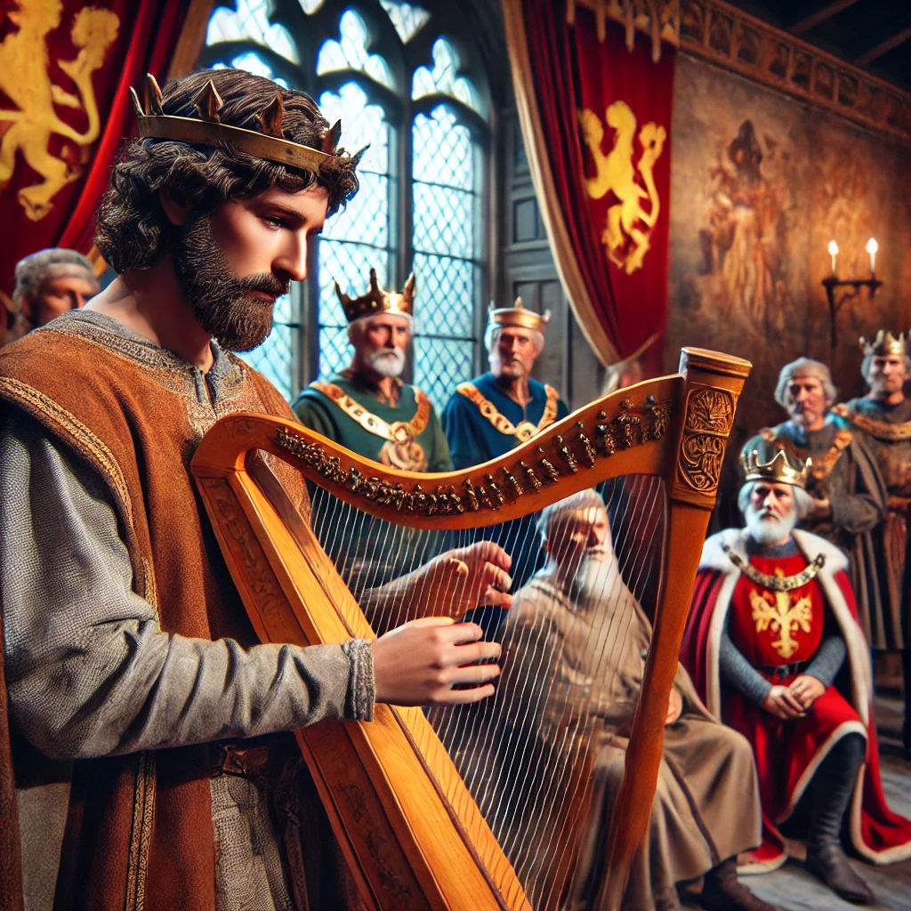 Medieval Welsh bard performing in a royal hall with a harp, surrounded by nobles, symbolising the preservation of Welsh culture through music and storytelling in the Old Welsh Kingdoms.