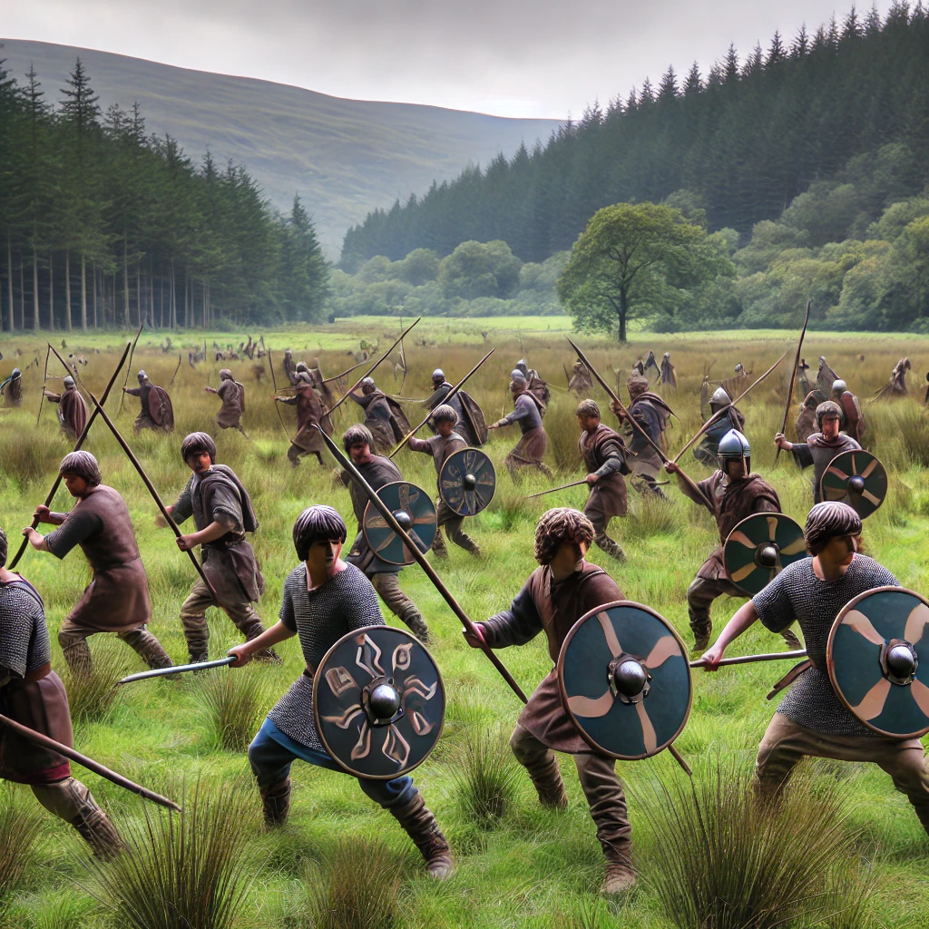 A lifelike image of young Welsh warriors training with spears and shields in a grassy field, surrounded by dense forest and hills.