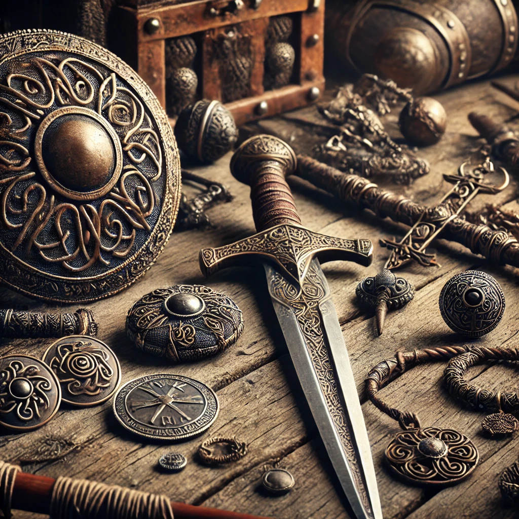 Norse artifacts, including jewellery and weapons, symbolising Viking influence on Welsh culture.