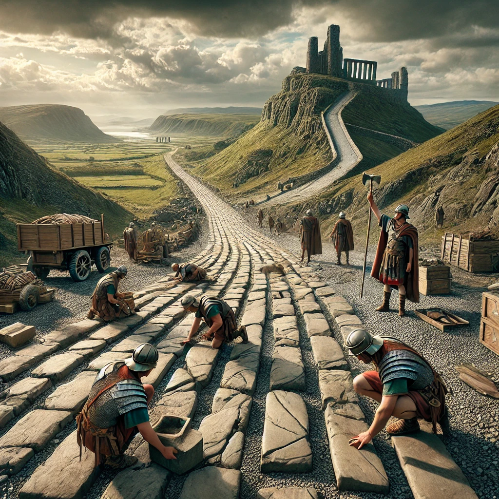 Roman soldiers constructing a road in ancient Wales, showcasing Roman influence on Welsh infrastructure with detailed stone-paving techniques.