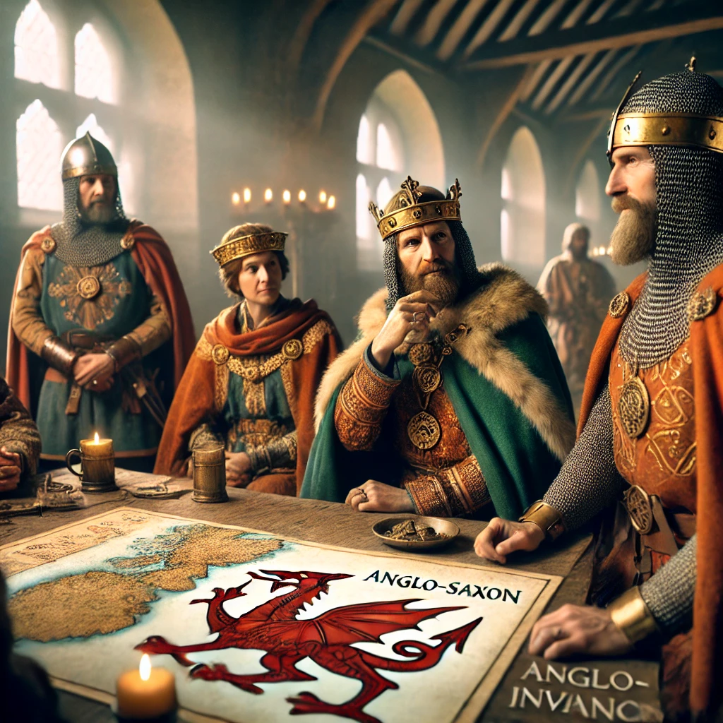 Welsh and Anglo-Saxon leaders strategising against Viking invasions, symbolising the Anglo-Saxon Alliance