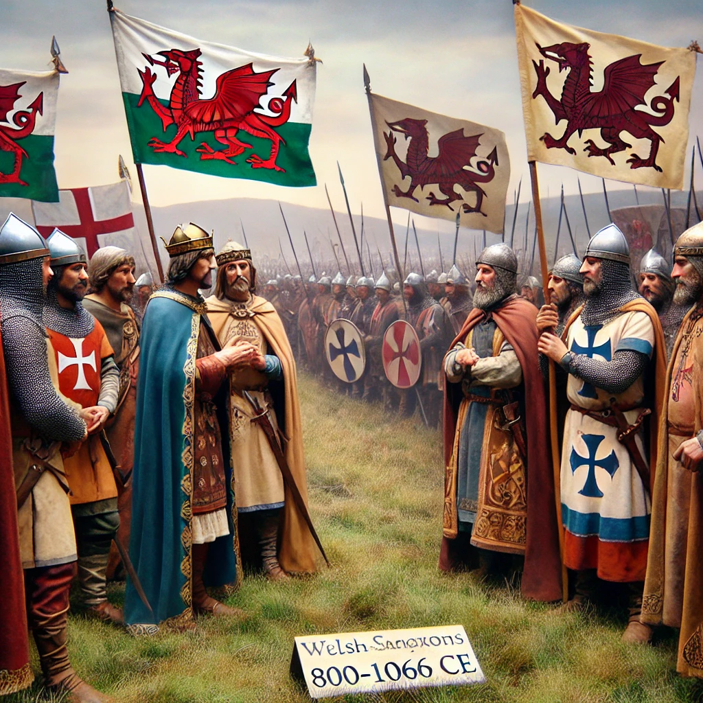 Historical portrayal of a meeting between Welsh and Anglo-Saxon nobles, representing the alliances and rivalries that shaped the Old Welsh Kingdoms in 800-1066 CE.