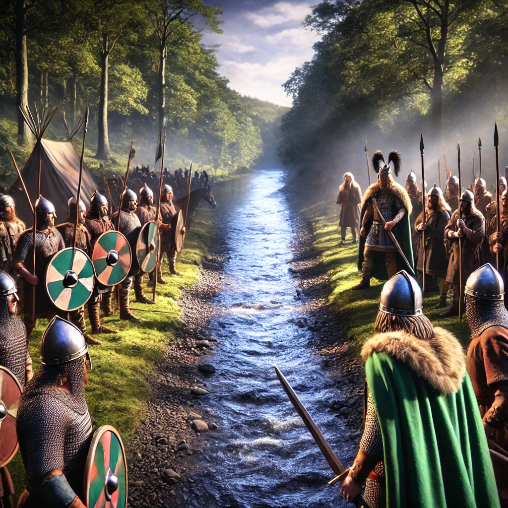 Anglo-Saxon and Welsh warriors facing each other across a river before forming the Anglo-Saxon Alliance, capturing the tension of early medieval Britain