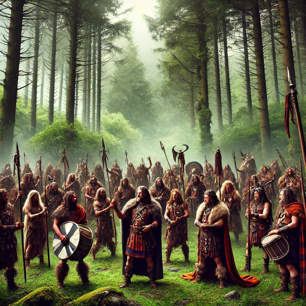 An epic, realistic image of ancient Welsh tribes gathered in a forest clearing, with chieftains in traditional attire holding weapons and tribal symbols