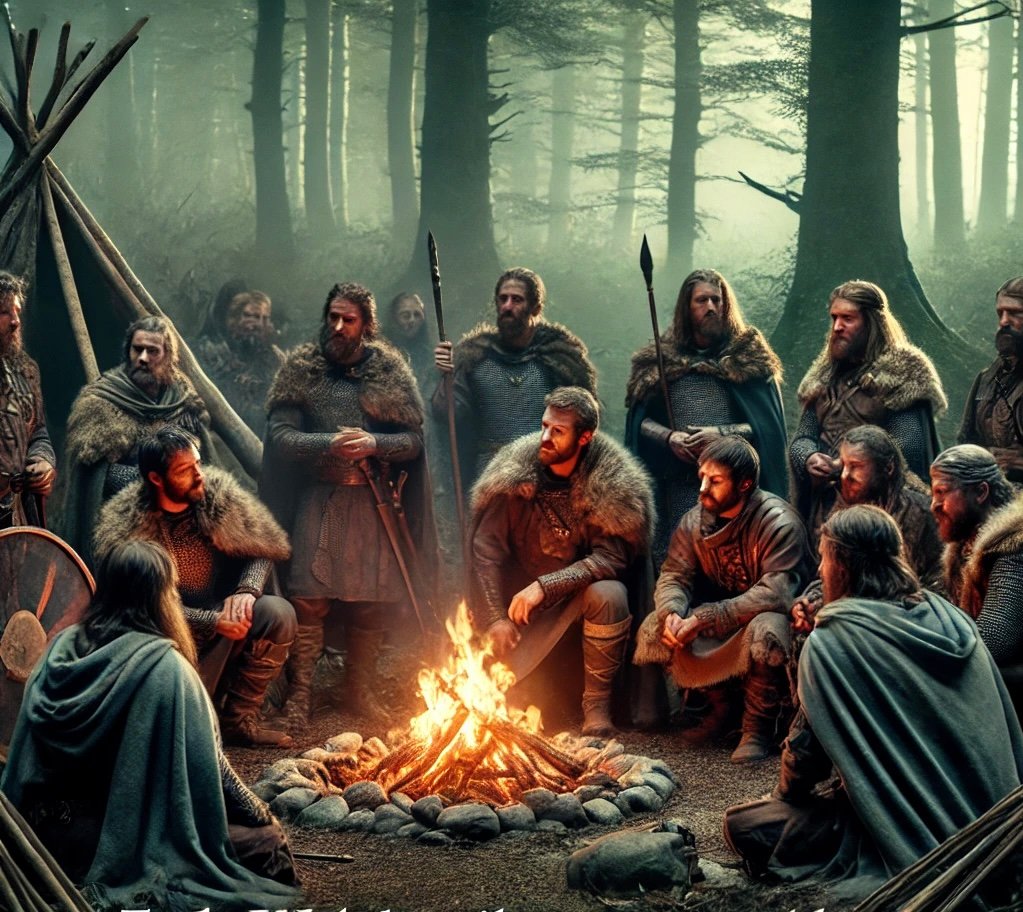 Early Welsh tribes forming alliances with Cunedda Wledig, gathered around a campfire in a forest clearing, strategising to defend Gwynedd.