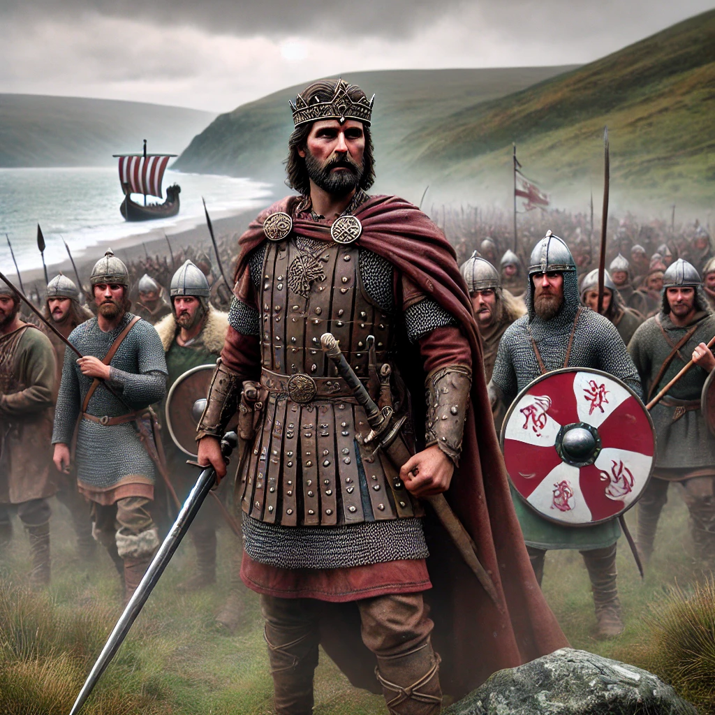 Epic portrayal of Rhodri Mawr leading Welsh warriors against Viking invaders on a misty hillside, symbolising Welsh resistance in the Old Welsh Kingdoms era