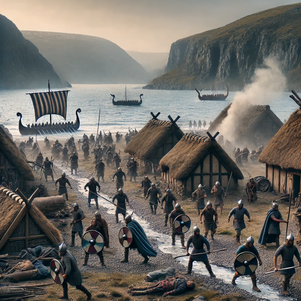 Viking raid on a Welsh coastal village with longships on the shore, Norse warriors advancing, and villagers defending their homes, illustrating the challenges faced by the Old Welsh Kingdoms.