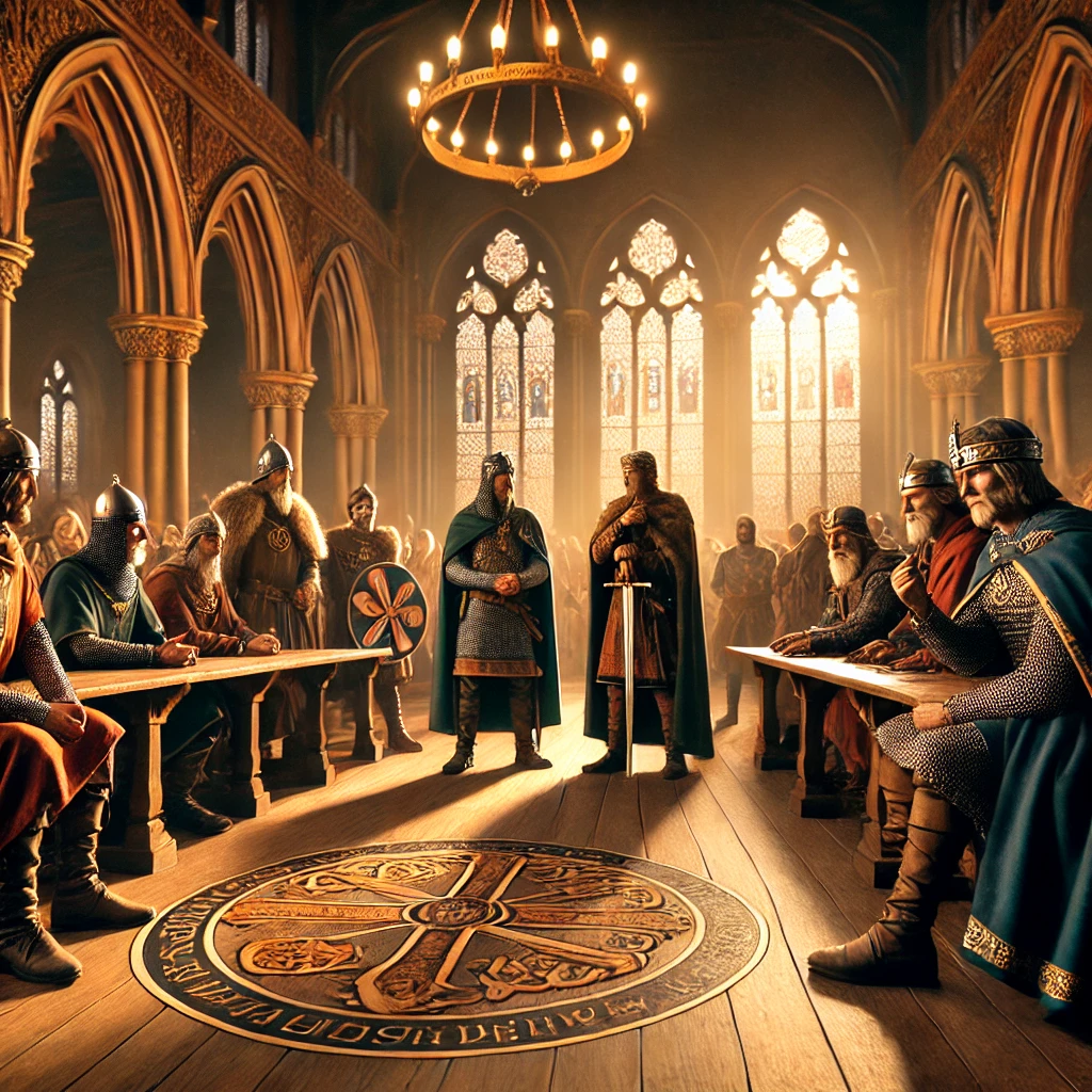 Realistic depiction of a Welsh and Anglo-Saxon council meeting in a grand medieval hall, symbolising cultural exchange and unity under the Anglo-Saxon Alliance.