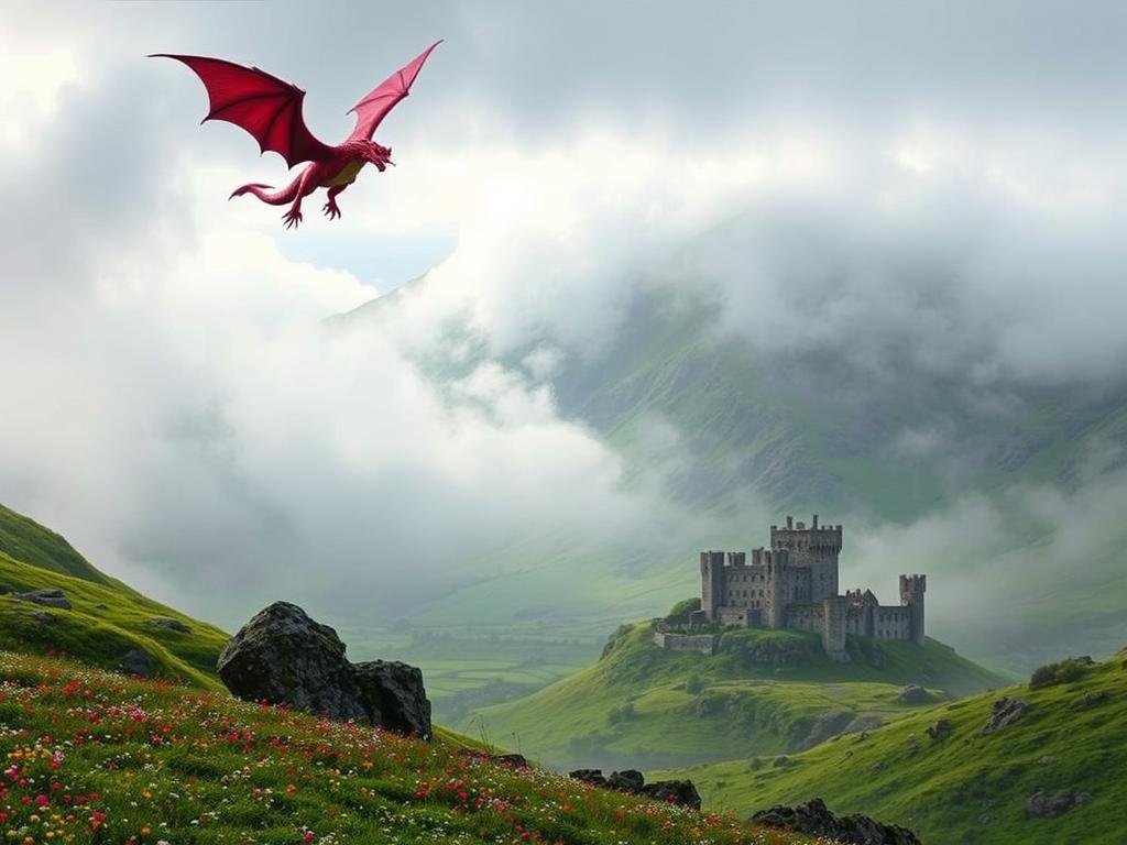 ancient welsh legends and the red dragon flying over a cloudy hilltop with a castle in the distance- represents the history of the welsh dragon