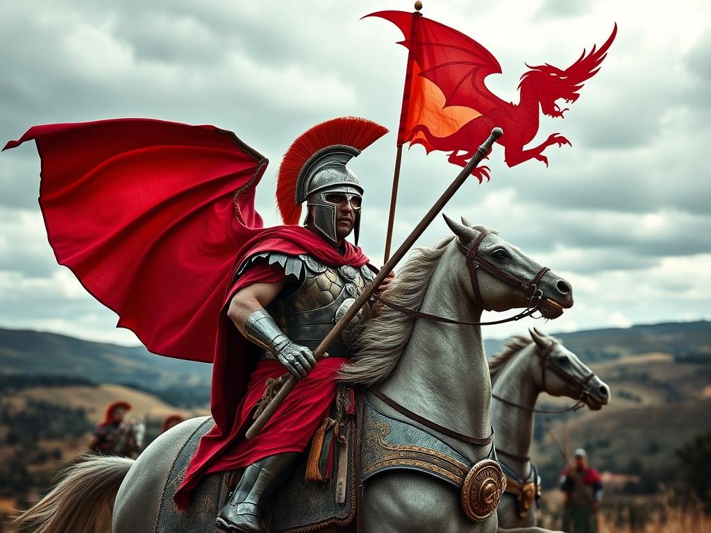 A Roman soldier on horseback with a dragon flag